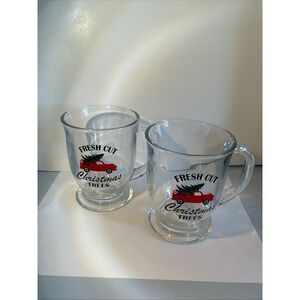 Clear Glass Footed Mugs, Christmas Trees, Red Truck, Fresh Cut, Holiday Set, 2